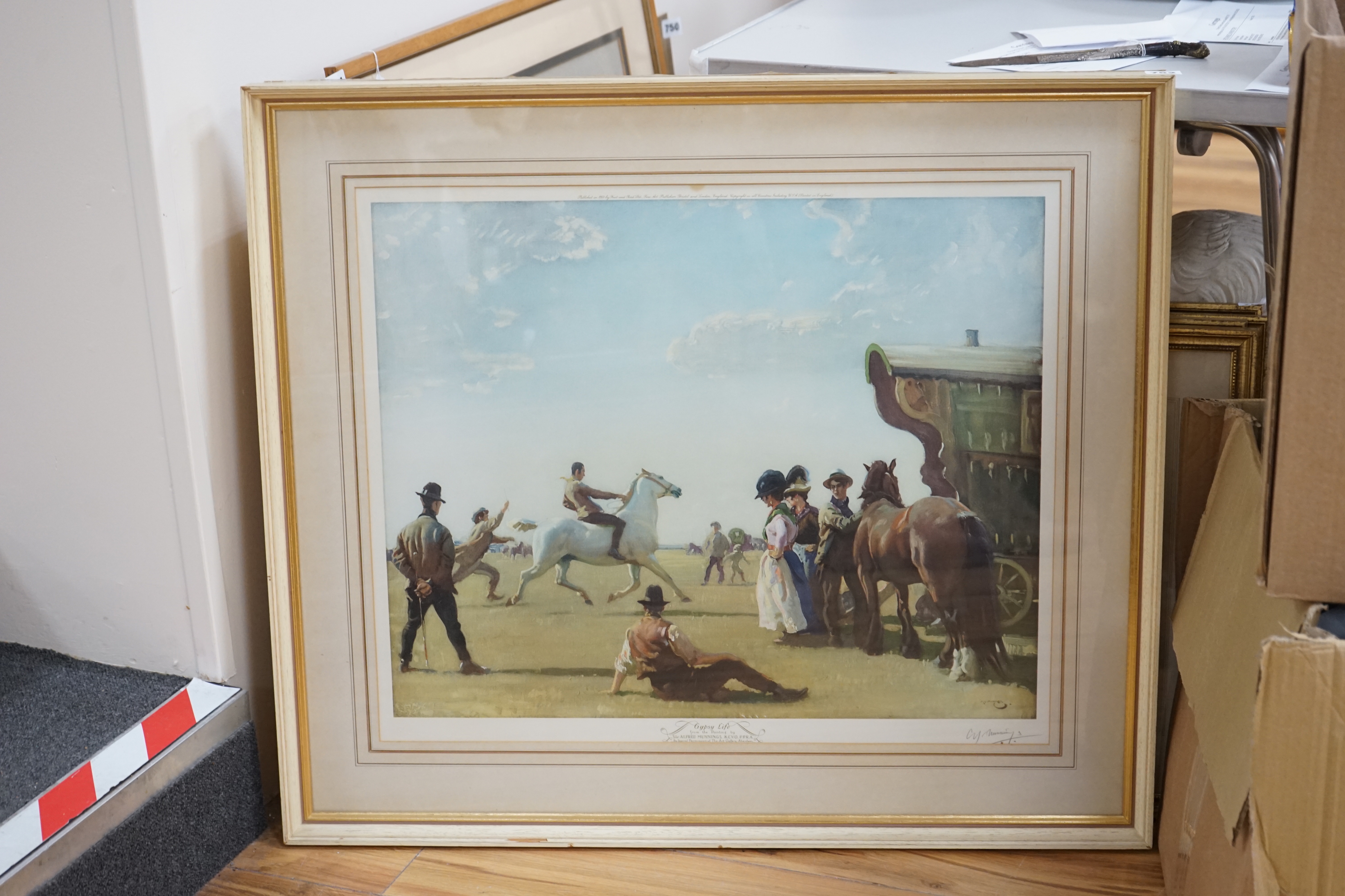 Alfred James Munnings (1878-1959) colour print, 'Gypsy Life', signed in pencil, with embossed blindstamp, 52 x 63cm